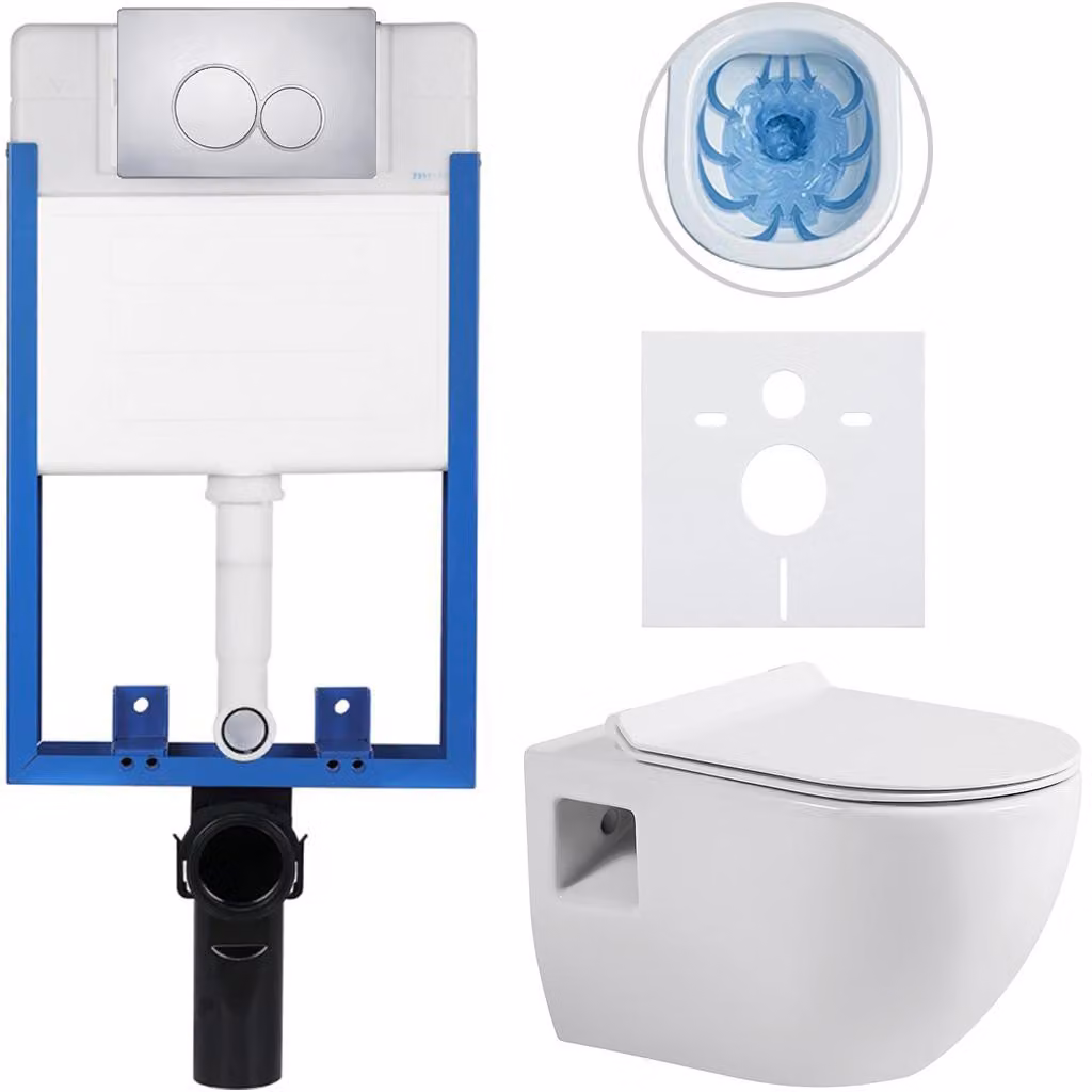 Set completo per WC da incasso, modello Lite/Dure, colore bianco lucido, pulsante doppio sciacquone cromato, adatto per l'incasso, dimensioni 51x35 cm