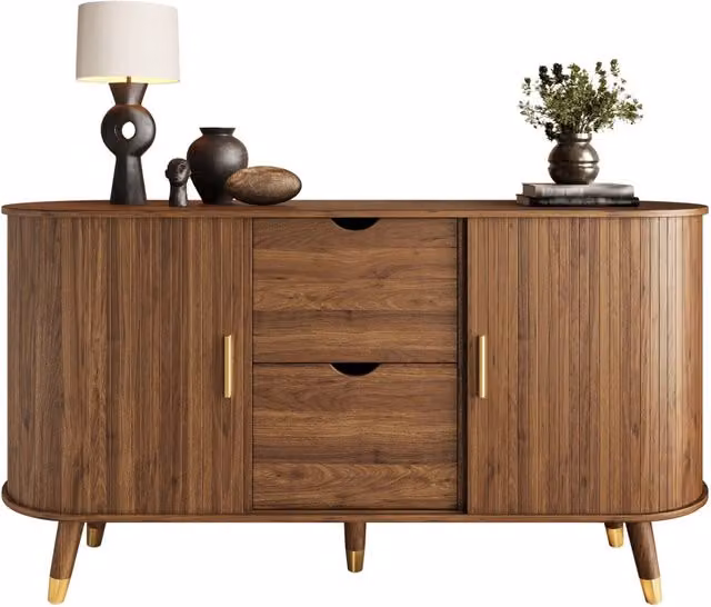 Credenza Color Noce 140 cm con Ante Scorrevoli e Gambe in Legno Massello