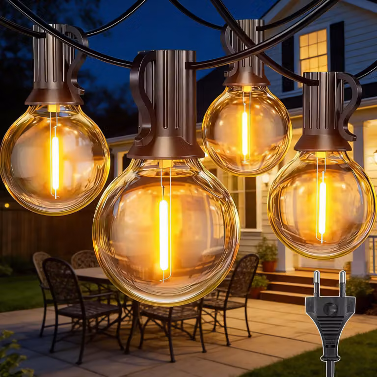 Catena luminosa da 20 metri, con 35+2 lampadine LED G40, luce bianco caldo, grado di protezione IP45