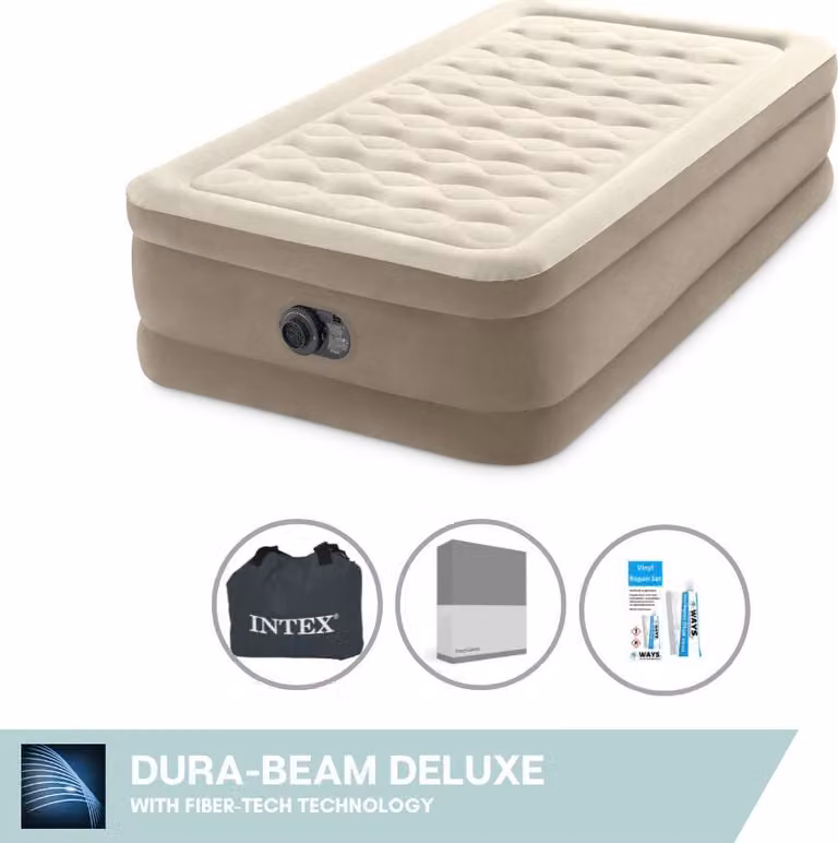 Letto gonfiabile Intex - 1 persona - 99 x 191 x 46 cm - Beige - Con pompa incorporata + lenzuola antracite + kit di riparazione