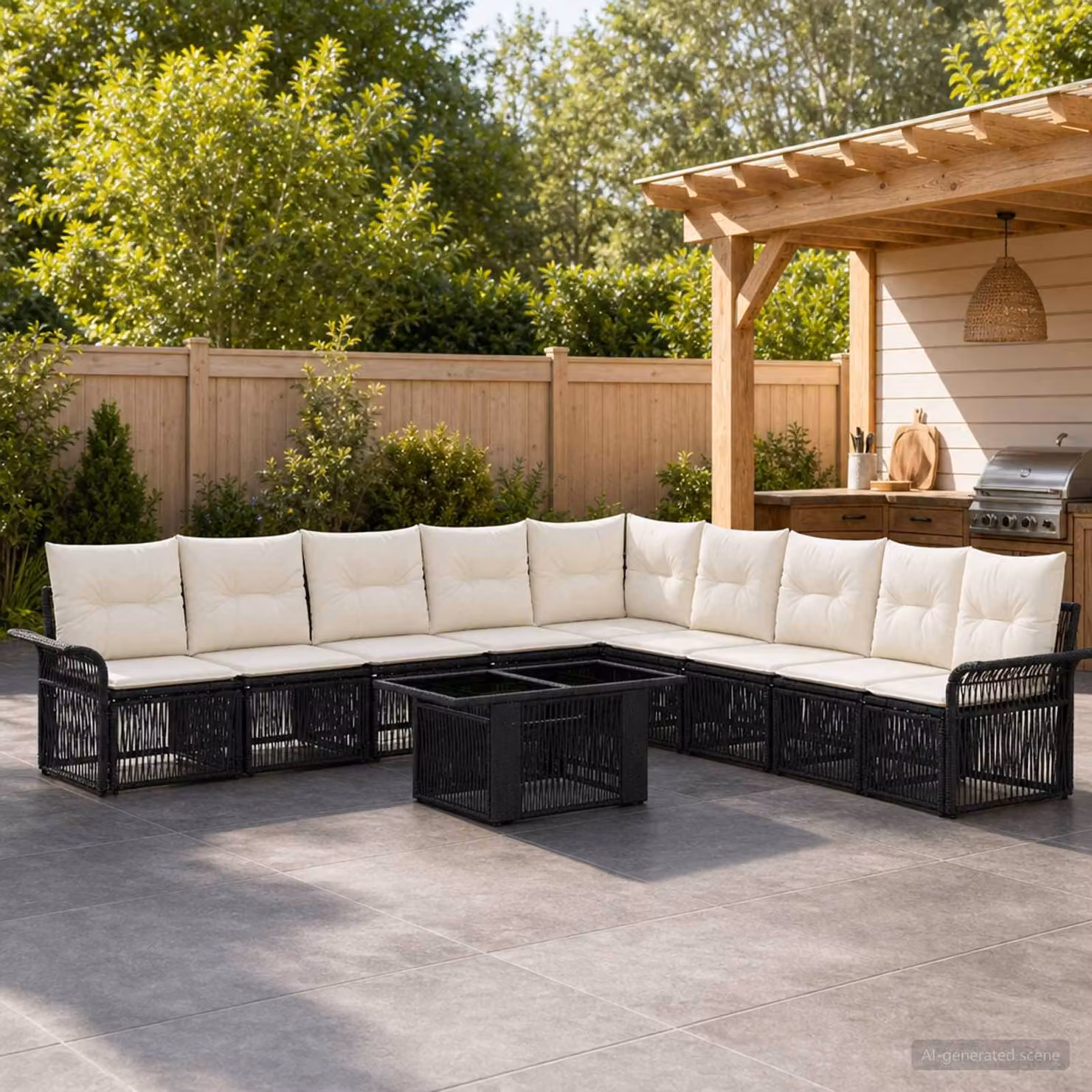 Set Divano da Giardino vidaXL 10 Pezzi a Forma di U con Cuscini, Polyrattan e Telaio in Acciaio Verniciato, Colore Nero e Bianco Crema