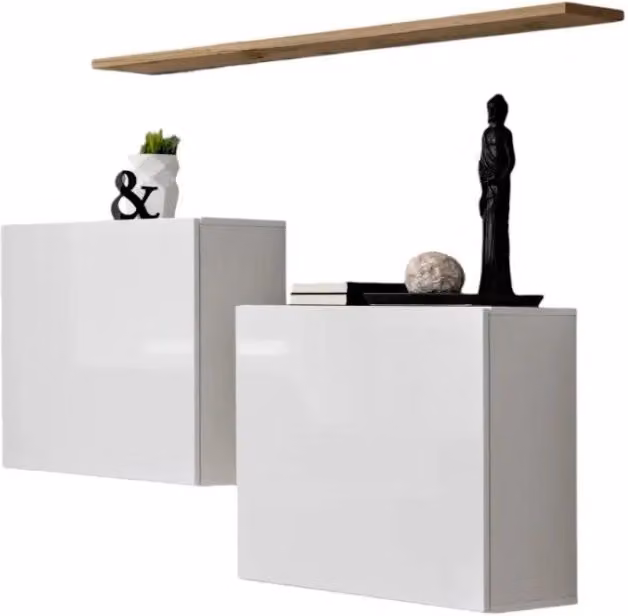 Composizione murale SWITCH SBI – Cubi sospesi e mensola – Bianco lucido e rovere Wotan – Design moderno