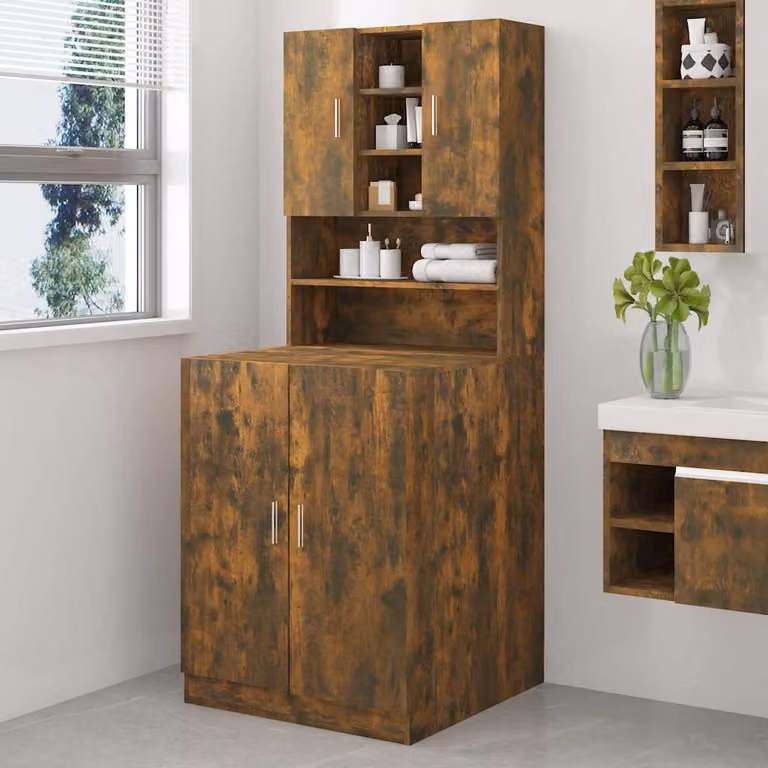 Mobile per Lavatrice vidaXL in Legno Rovere Fumo con Ante a Battente e Ripiani Interni per Bagno, L/P/H: 71,0 x 40,0 x 181,5 cm