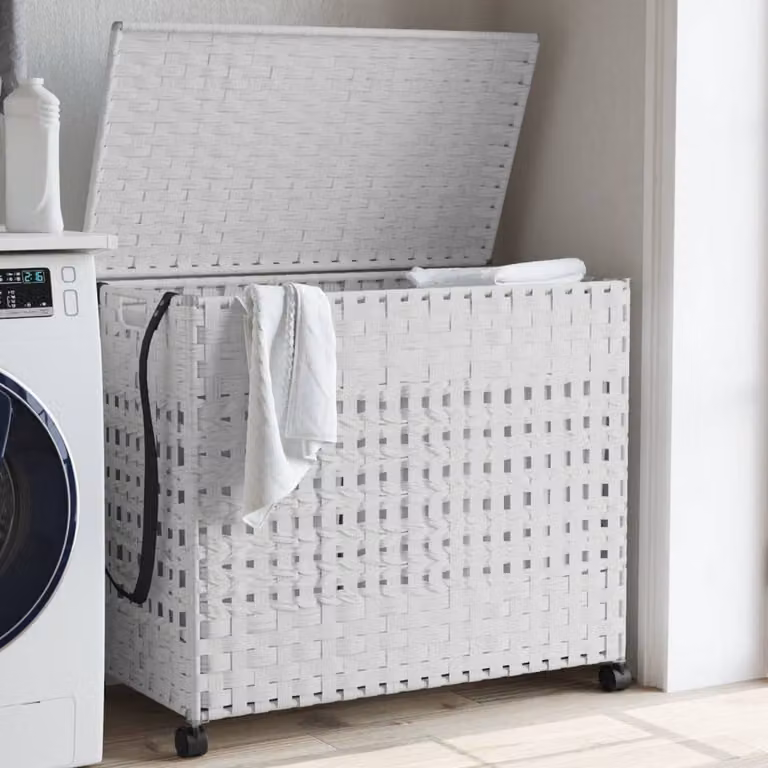 Cesto portabiancheria con ruote e coperchio vidaXL in stile rattan bianco, L: 66 cm, P: 35 cm, H: 60 cm