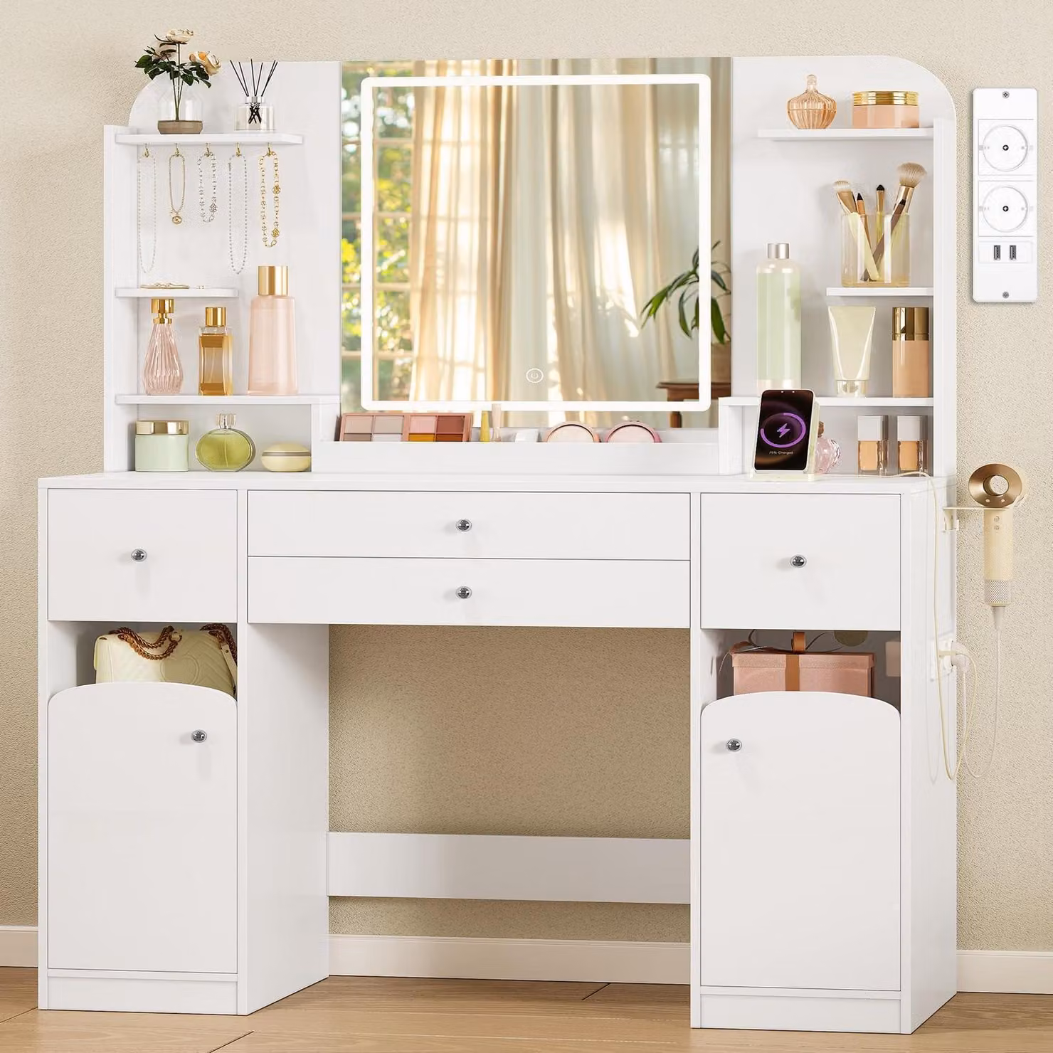 Comò da trucco con illuminazione a LED, 108 cm, bianco, 2 cassetti, 2 ante, supporto per asciugacapelli
