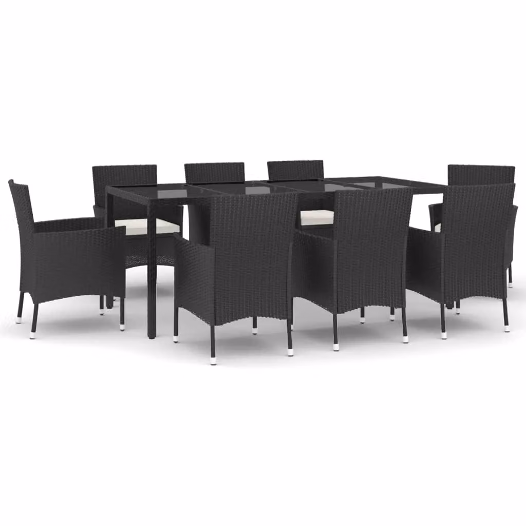 Set da Pranzo da Giardino 9 pz con Cuscini Nero in Polyrattan