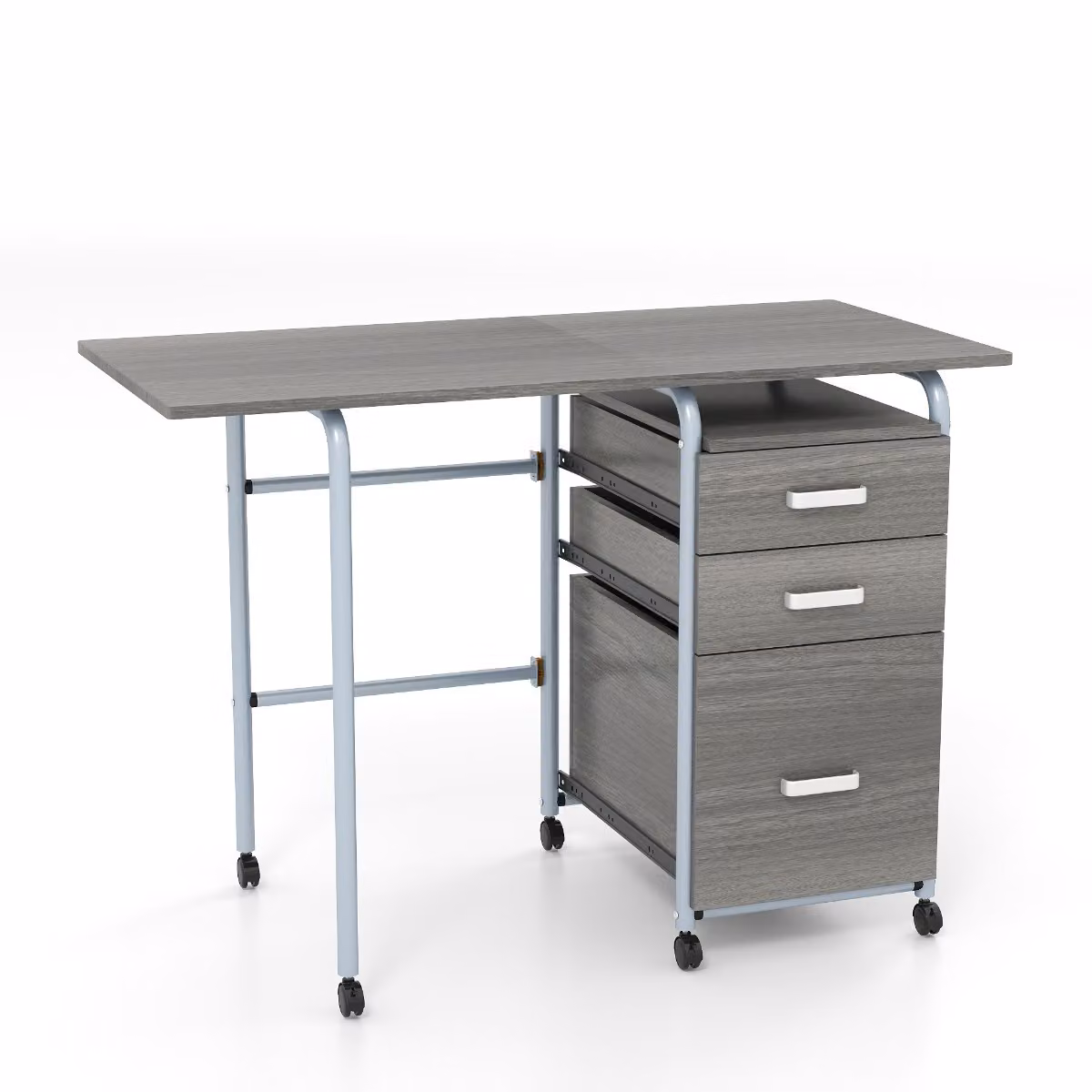Scrivania pieghevole Costway con 3 cassetti e ruote bloccabili, tavolo da scrittura moderno in metallo e MDF Grigio