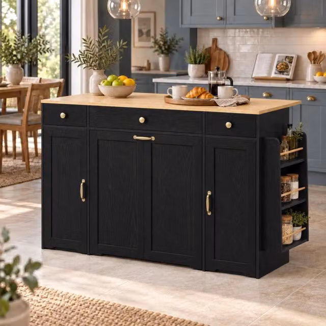 Credenza da cucina con 3 cassetti e 2 ante, MDF nero, piano effetto legno, 136 x 65 x 90 cm