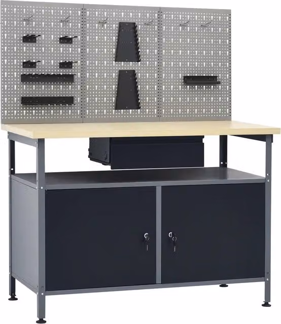 Banco da Lavoro con 3 Pannelli a Parete vidaXL in Acciaio, Regolabile in Altezza, Grigio e Nero, L: 120 cm, P: 60 cm, H: 85 cm