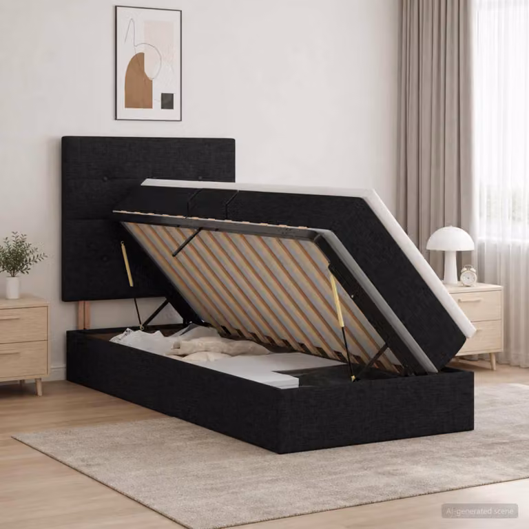 Letto con contenitore vidaXL in tessuto nero con illuminazione LED e porta USB, L/P/H: 90 x 190 x 140 cm