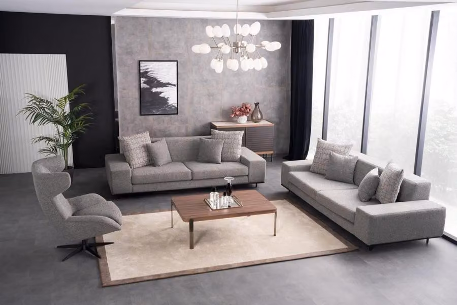 Couchgarnitur 2x Sofas 3 Sitzer Sessel Couchtisch Grau Wohnzimmer Set