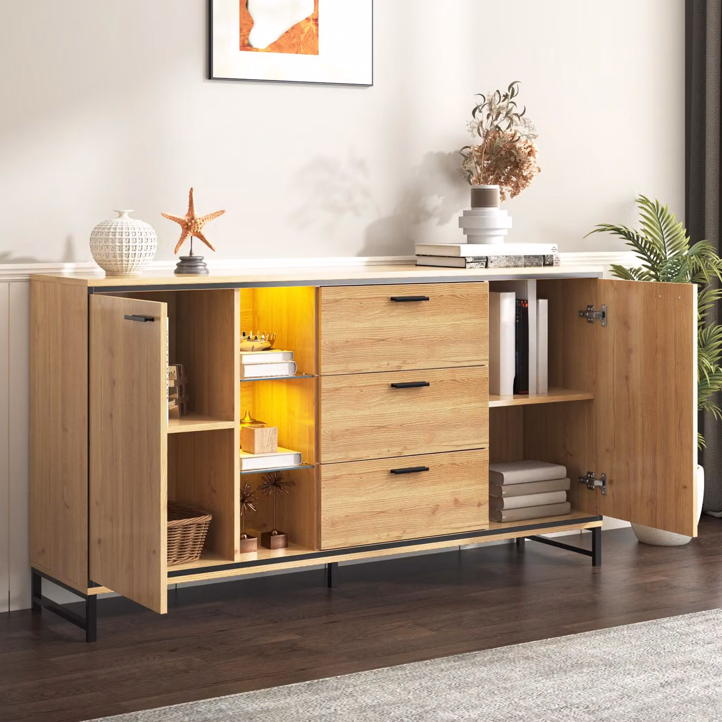 Credenza STILVORA con illuminazione a LED, mobile laterale con doppia anta e 3 cassetti, mobile da corridoio con 2 vani a giorno in vetro, natura
