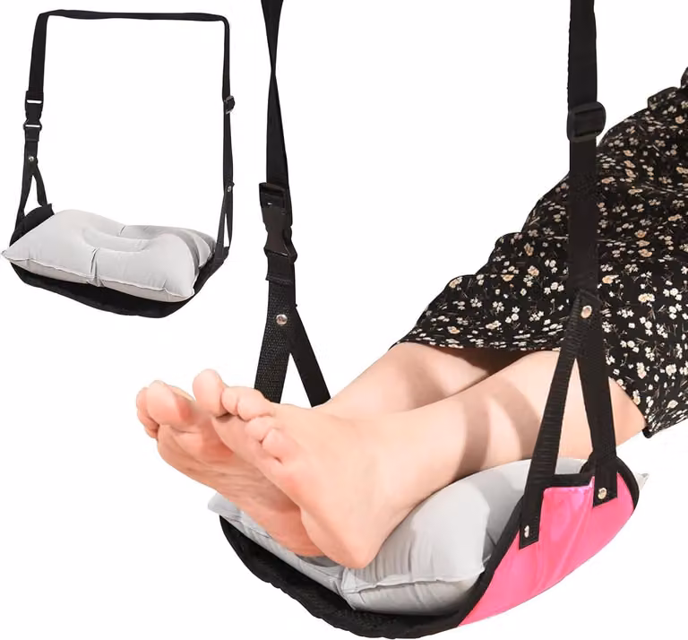 Poggiapiedi per aereo con cuscino gonfiabile - Rosa - Portatile e comodo