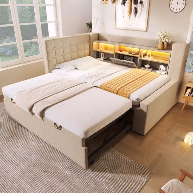 Letto divano 1 posto 90×200 cm con letto estraibile 90×190 cm, LED, USB e vano contenitore, senza materasso beige