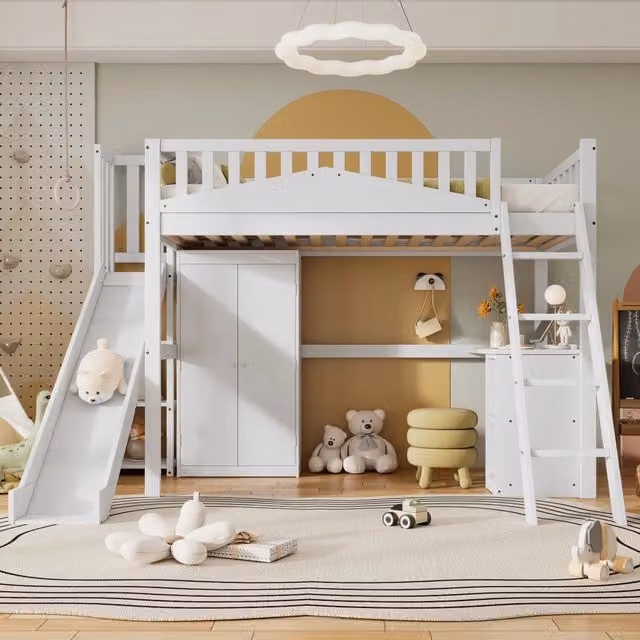 Letto a castello per bambini con protezione anticaduta, tavolo e armadio, ampio contenitore, scala a 4 gradini, pino e MDF - Bianco 90x200 cm