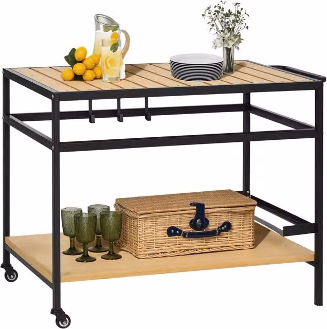 Carrello da giardino Minimal con 2 ripiani e 3 ganci in metallo nero e legno, L: 107 cm, P: 65 cm, H: 80 cm