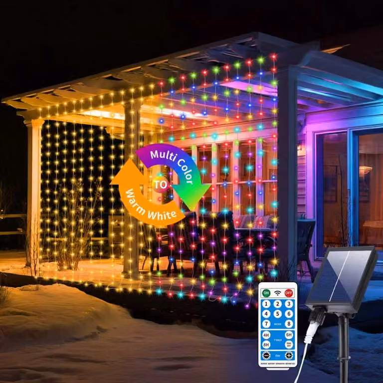Tenda luminosa, dimensioni 3x3 metri, 300 LED, alimentazione solare, grado di protezione IP65, luce bianca calda e multicolore