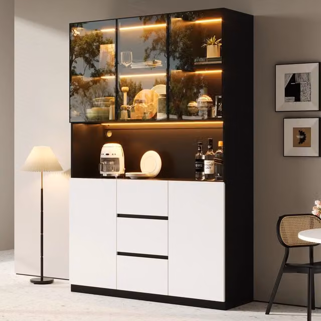 Vetrina con LED multicolore in vetro temperato vano aperto passacavi 3 cassetti 2 ante MDF 120 × 40 × 200 cm