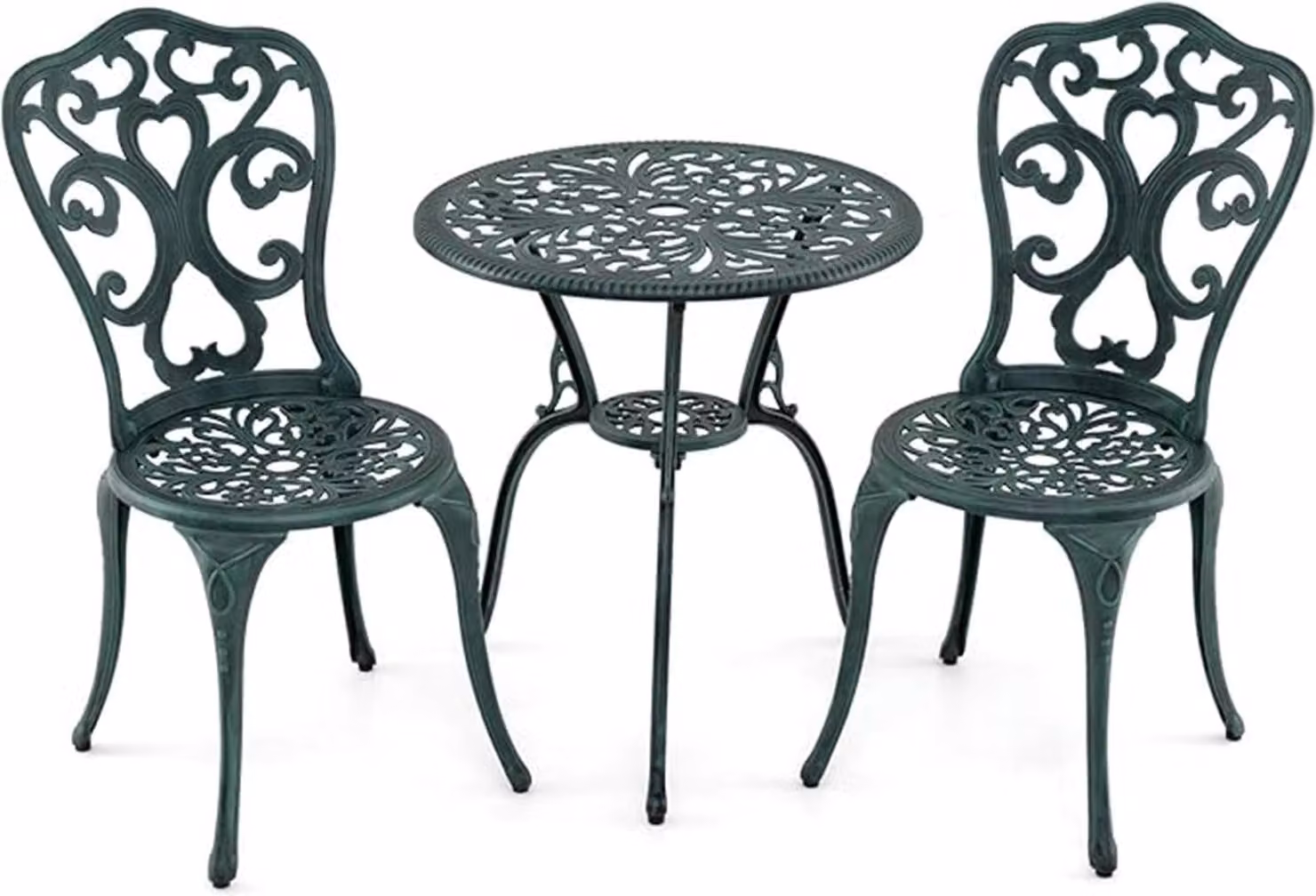 Set da bistrot in 3 pezzi, set da giardino in alluminio pressofuso resistente alle intemperie con fori per ombrellone, set di mobili da giardino, tavolo e 2 sedie, verde