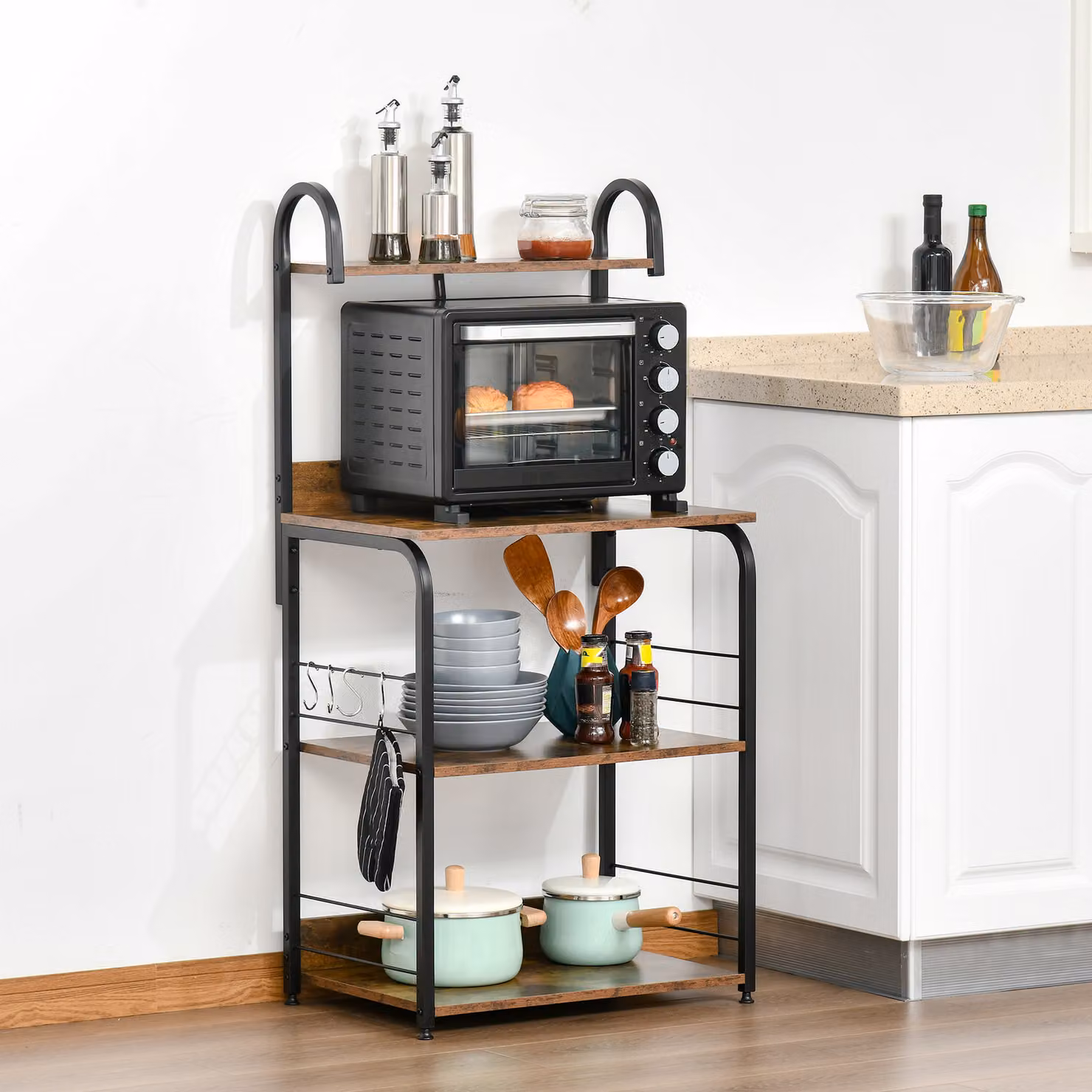 Mobiletto per microonde HOMCOM in legno e metallo marrone rustico con 4 ripiani e 4 ganci, L: 60 cm, P: 40 cm, H: 125 cm – 2