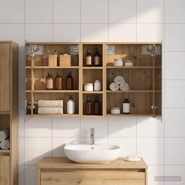 Set di 3 armadi da bagno vidaXL in legno e vetro marrone con illuminazione LED e specchio, L/P/H: 106 x 16 x 62,5 cm