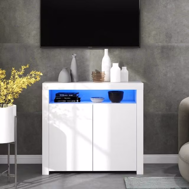 Credenza moderna WISHDOR in legno MDF con illuminazione LED integrata, finitura lucida, colore bianco e multicolore, L: 108 cm, P: 40 cm, H: 92 cm