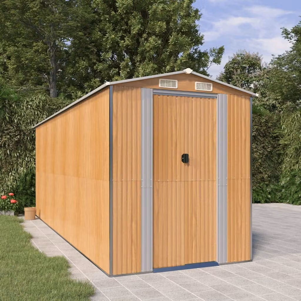 Capanno da giardino vidaXL in acciaio zincato marrone chiaro con tetto a capanna e ventilazione laterale L/P/H: 523 x 192 x 223 cm