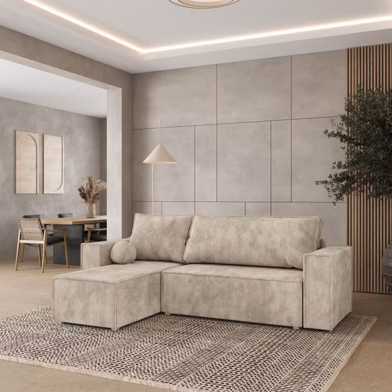 Divano angolare Masseno RAVELO P con funzione letto a L, divano con box letto, divano da salotto, divano, divano, divano letto, set di divani - crema, POSO 100