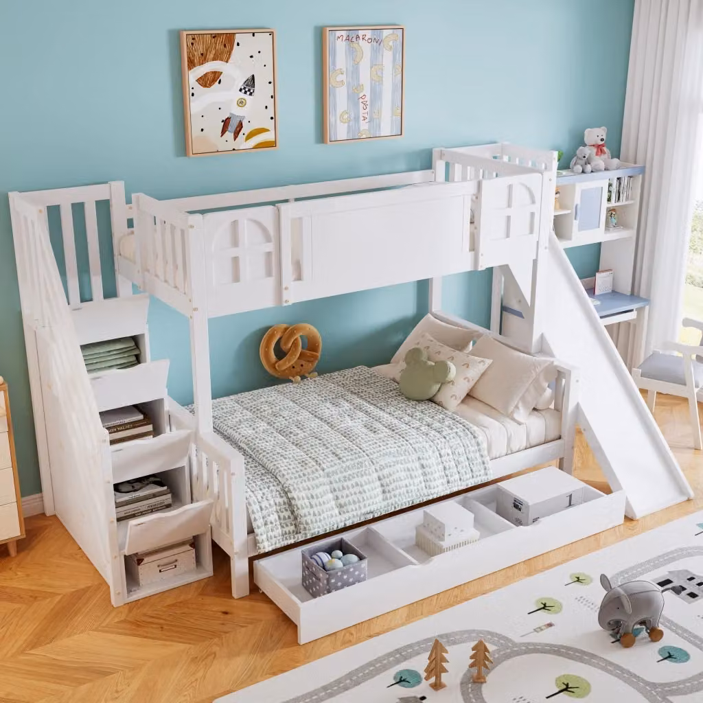 Letto a castello per bambini REDOM con struttura a casetta, scivolo e scala contenitore, colore bianco, L/P/H: 200 x 90 x 121,5 cm – 2