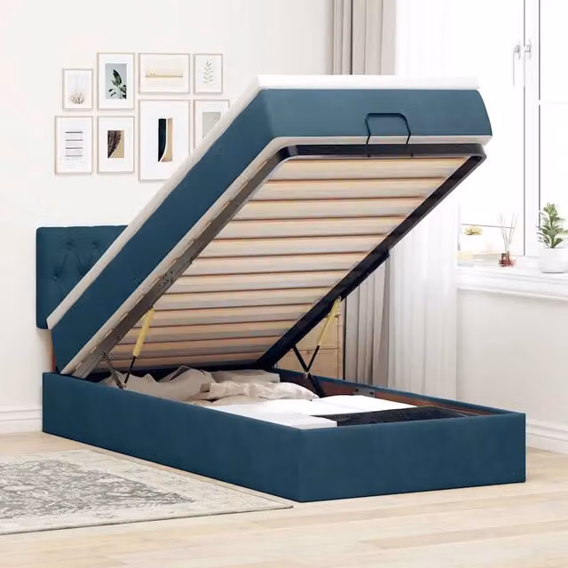 Letto con contenitore a sollevamento e materasso vidaXL in velluto blu, L: 200 cm, P: 140 cm, H: 88 cm