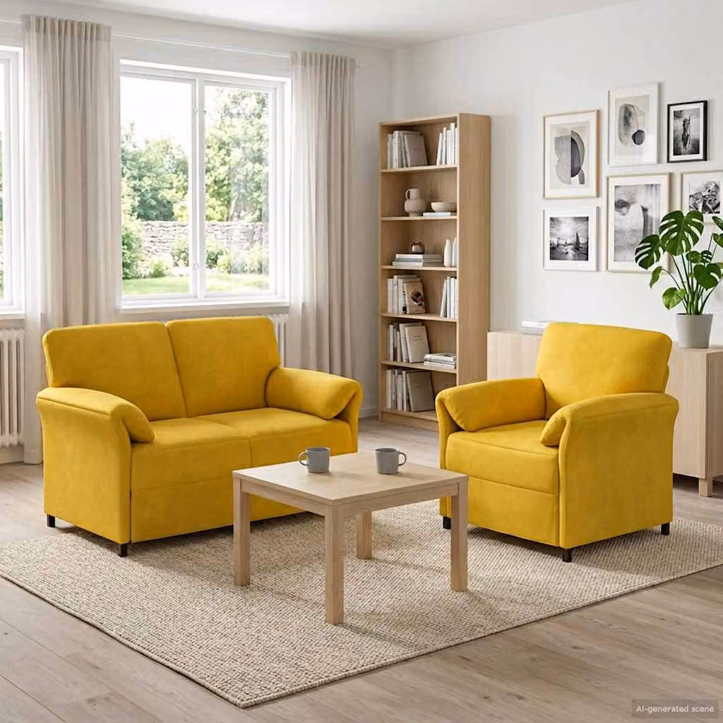 Set di 2 divani moderni vidaXL in velluto giallo con struttura in metallo e cuscini inclusi