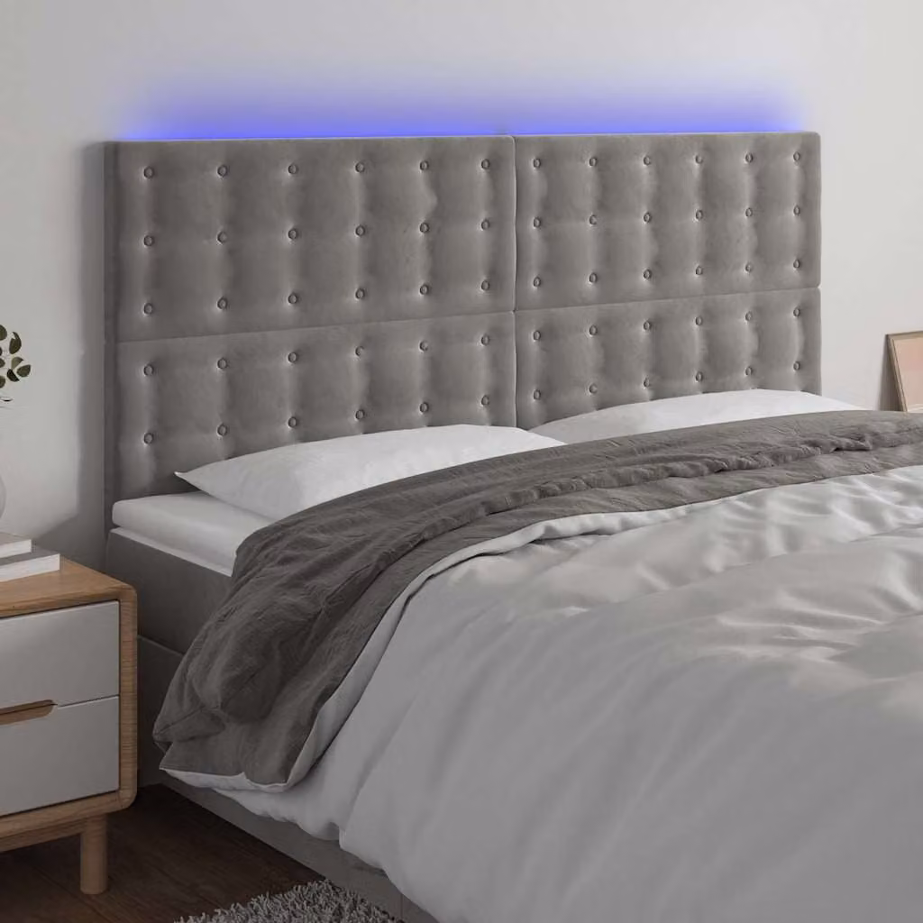 Testiera per letto vidaXL in velluto grigio con illuminazione LED e porta di ricarica USB, L 200 x H 118/128 x P 5 cm