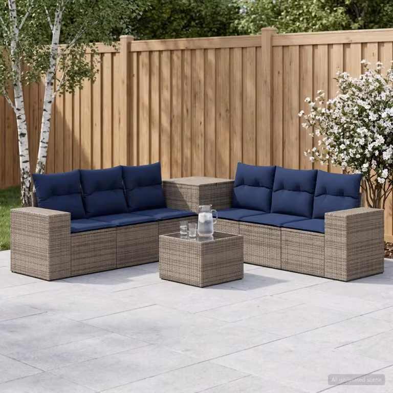 vidaXL Set di divani da giardino 8 pezzi in rattan e acciaio con cuscini Grigio e Blu Navy