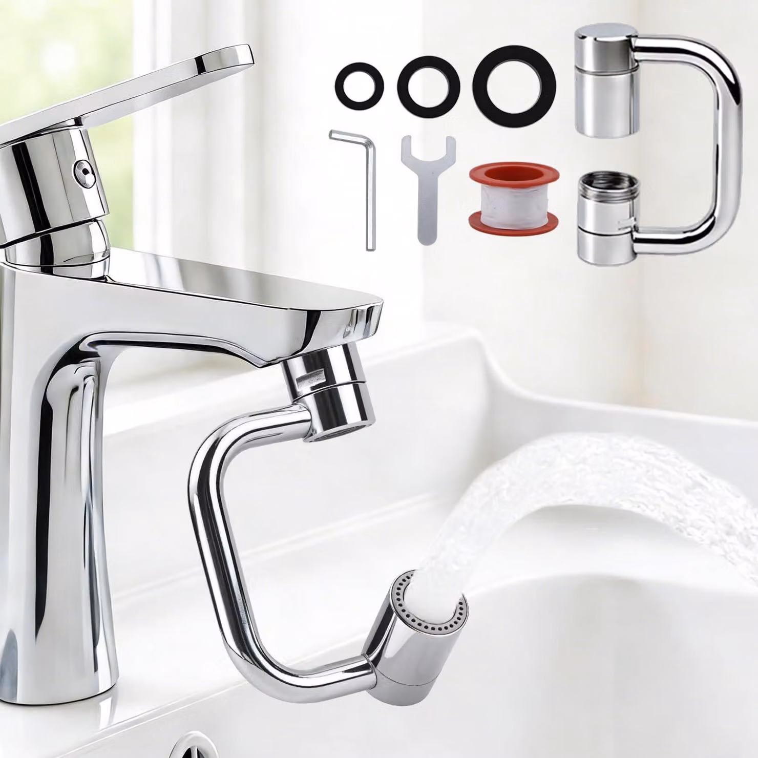 Rubinetto orientabile a 1080°, multifunzione, estraibile, con 2 livelli di regolazione, adatto per cucina e bagno