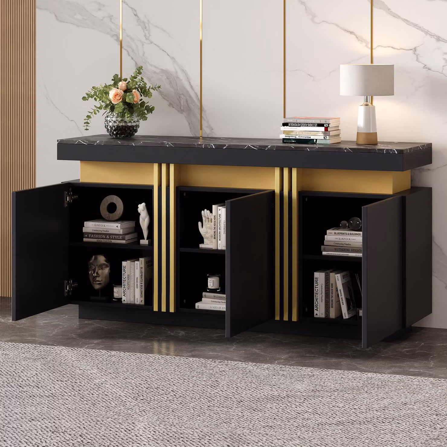 mobile da cucina senza maniglie okwish a 3 ante, mobile da pranzo con divisori regolabili, credenza con cuciture in platino, per cucina, soggiorno, sala da pranzo, nero