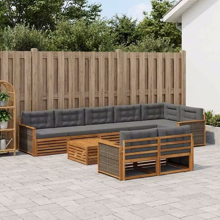 Set di divani da esterno a forma di U vidaXL in legno di acacia con cuscini, marrone e grigio