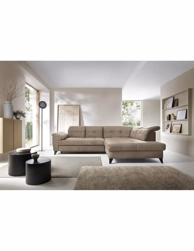 Divano ad angolo INFERNO MEUBLORAMA beige con chaise longue a destra, 5 posti, con funzione letto, poggiatesta regolabile e contenitore, L/P/H: 297 x 107 x 210 cm – 2