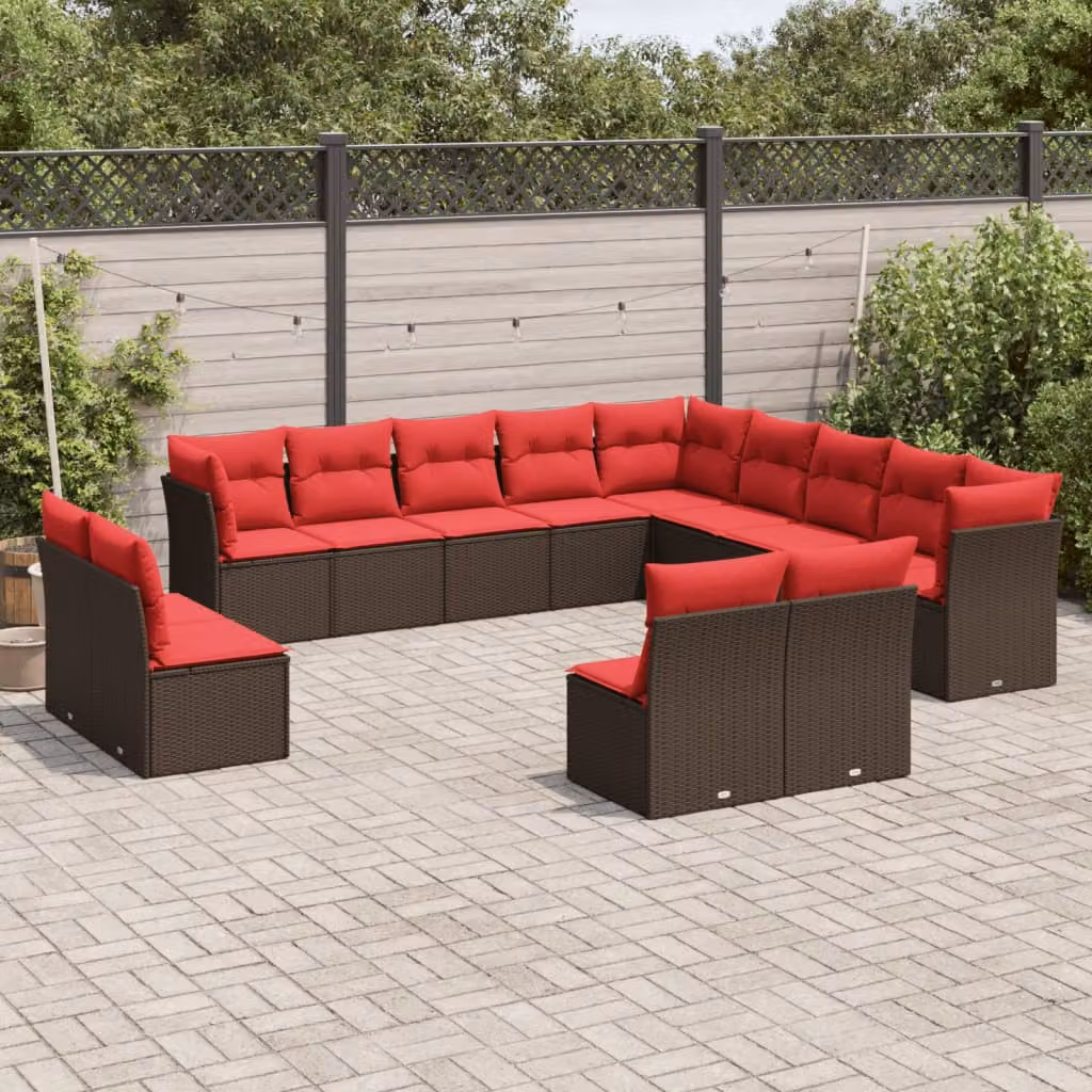 Set di divani da giardino vidaXL a forma di U composto da 13 pezzi in polyrattan marrone con cuscini inclusi