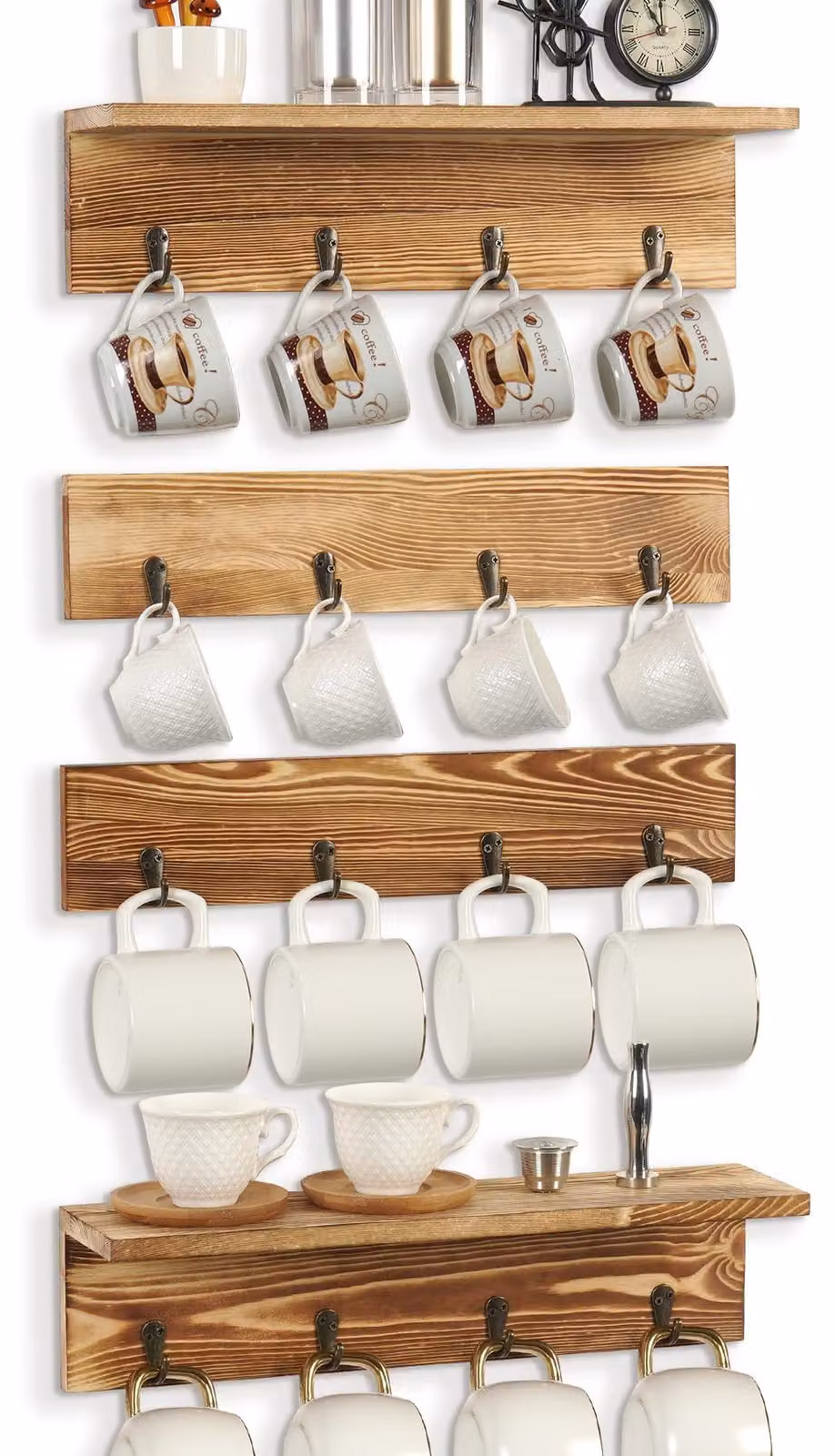 Portabicchieri rustico, scaffale sospeso con 16 ganci per tazze da caffè, set di 4 pezzi in legno
