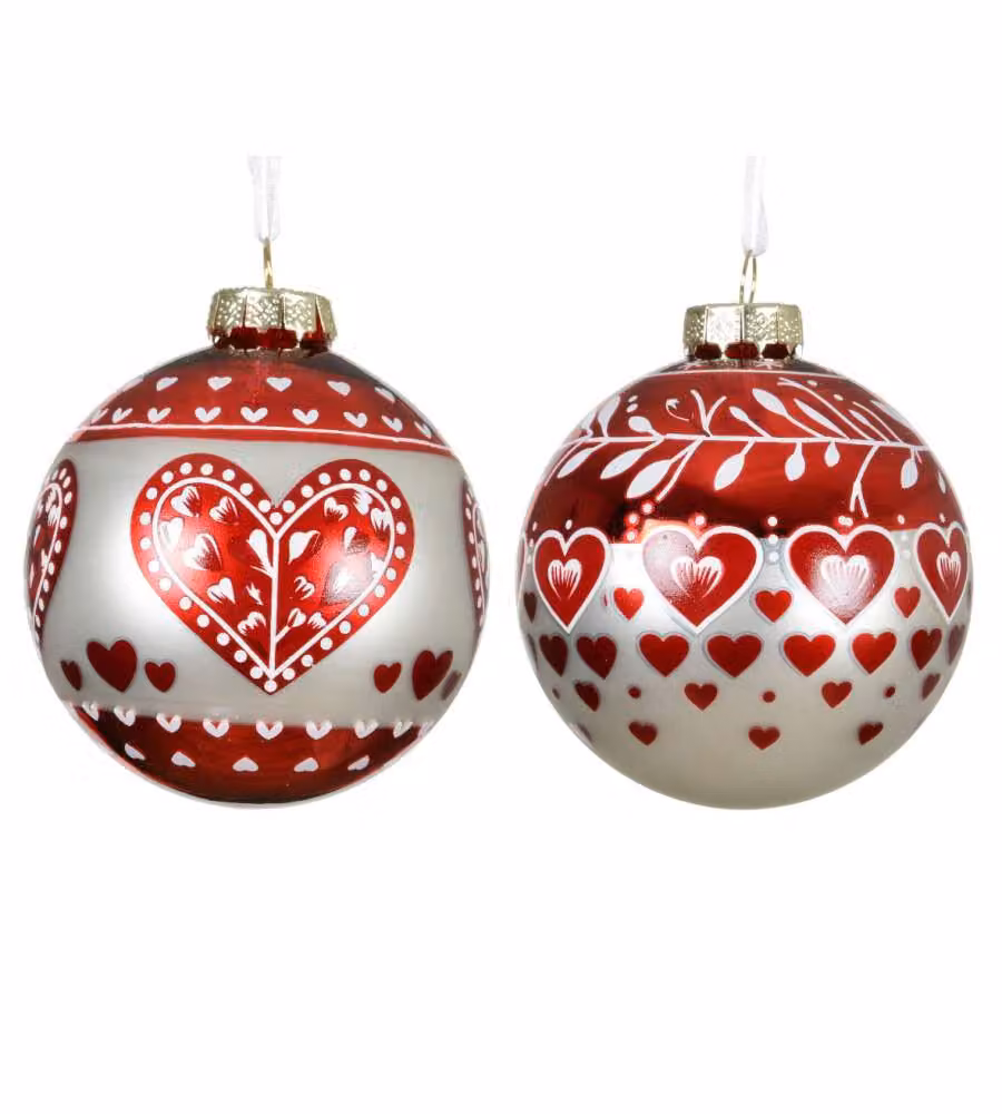 Decoris Pallina Natalizia in Vetro Opaco con Cuori Rossi - 8 cm