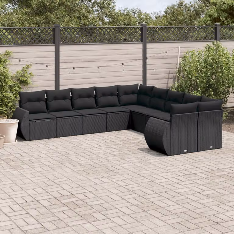 Set di divani da giardino a L vidaXL in polyrattan nero con cuscini inclusi e struttura in acciaio verniciato a polvere