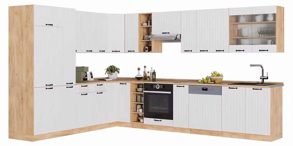 Cucina angolare completa Vicco Fame-Line Bianco rustico/Rovere dorato 347 x 257 cm, PL Rovere, Model 57122