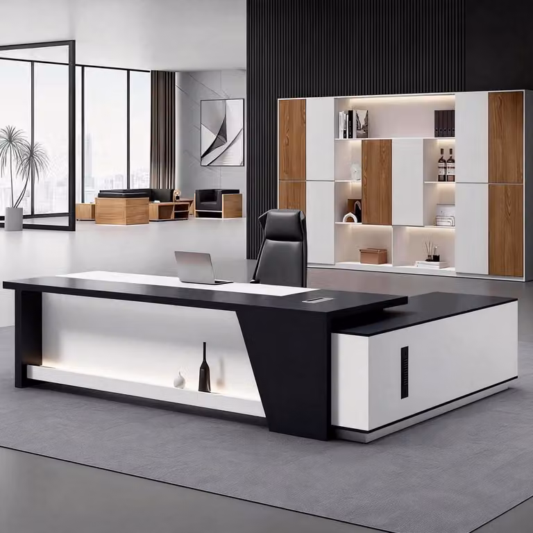 Scrivania a forma di L con spazio contenitivo, dimensioni 180x80x75 cm, colore nero e bianco