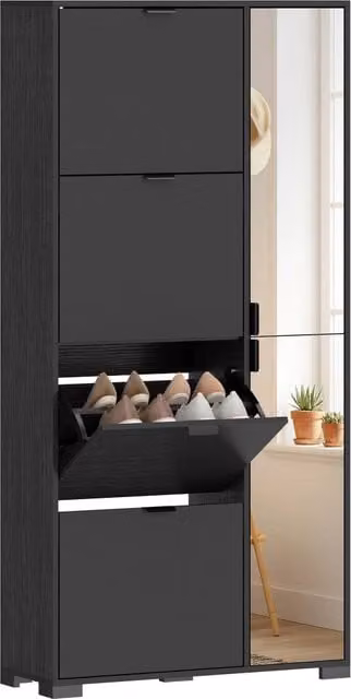 Scarpiera Moderna con Specchio. 4 Cassetti a Ribalta. Capacit¨¤ Fino 16 Paia di Scarpe. Nero