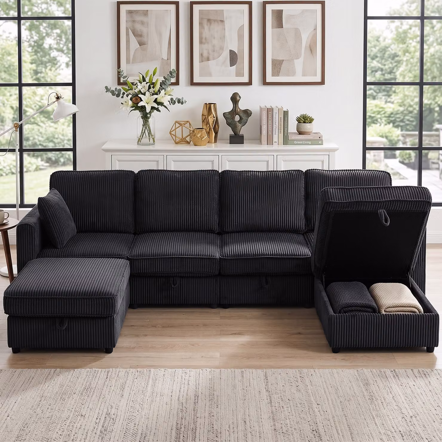 Divano angolare a U HOMCOM da 4 posti in tessuto grigio con pouf contenitore e 4 cuscini, Larghezza: 306 cm – 2