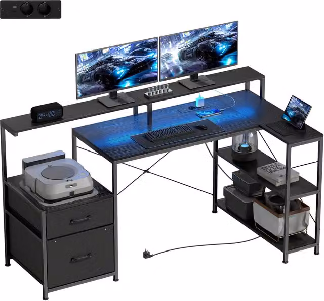 Scrivania Gaming Minimal con Supporti Monitor e Cassetti in Legno e Acciaio, Nero, L: 165 cm, P: 80 cm, H: 91.5 cm – 1