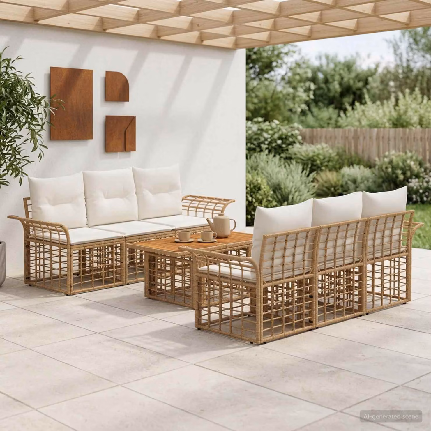 Set da giardino vidaXL in polyrattan 7 pezzi con divani e tavolino, colore naturale e bianco crema