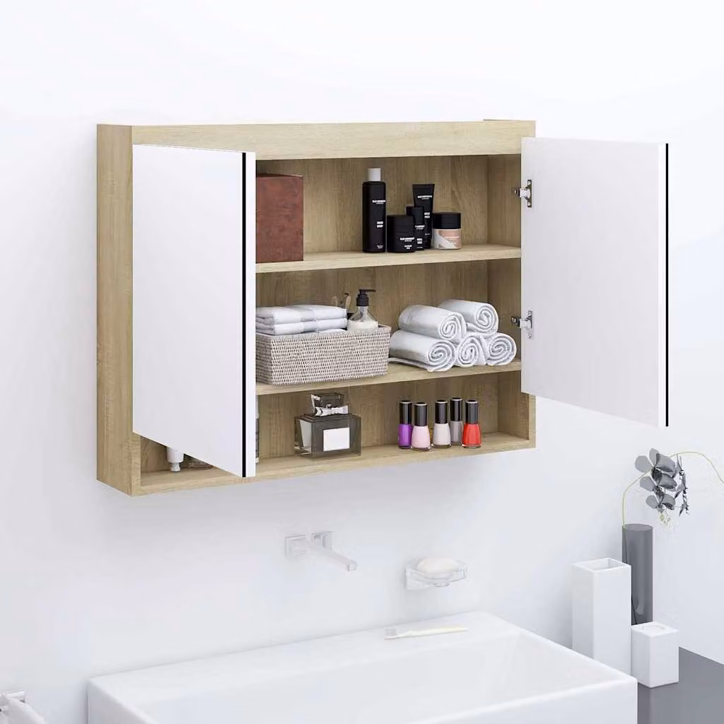Armadietto da bagno con specchio vidaXL in MDF bianco e rovere, moderno e da appendere al muro, L: 80 cm, P: 15 cm, H: 60 cm