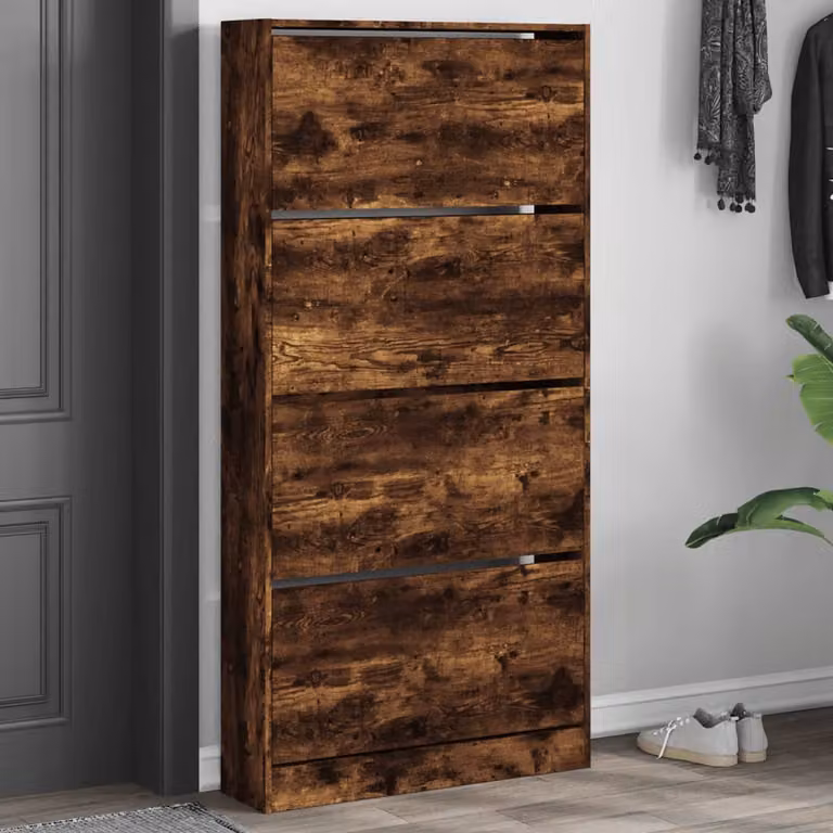 Scarpiera moderna vidaXL con 4 cassetti ribaltabili in rovere fumo, L: 80 cm, P: 21 cm, H: 163,5 cm