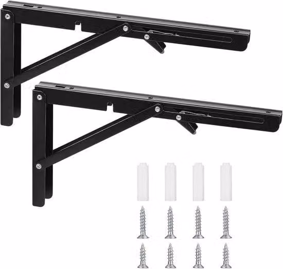 Due supporti pieghevoli in legno a forma di L con ganci metallici - Supporto pieghevole in legno da 12 pollici per montaggio a parete - Staffa di supporto in legno con ganci speciali - Portata 90 kg - Ideale per piccoli spazi in casa, in cucina e in uffic